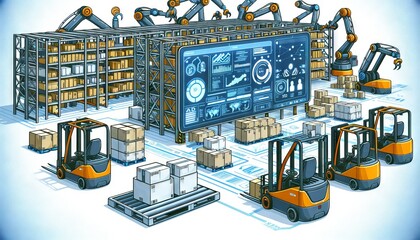 Automated warehouse with robotic workers and augmented reality digital overlay