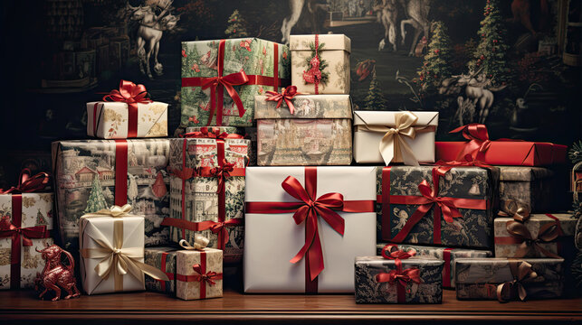christmas themed gift wrap and ribbons on the multitude of gift boxes
