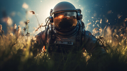surreal astronaut in valley of dried flowers and grass - obrazy, fototapety, plakaty
