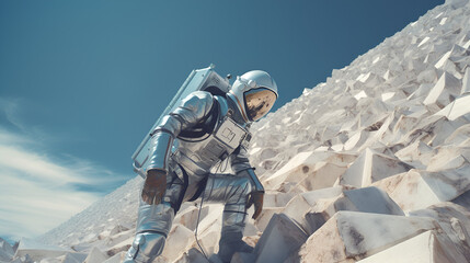 surreal astronaut climbing a crystal pyramid, amazing futuristic concept