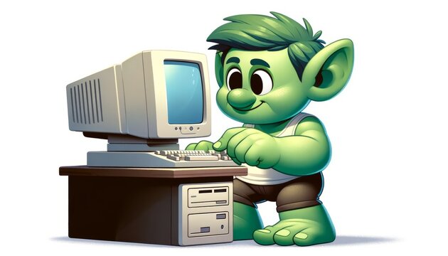 Online troll using a computer - 2D cartoon style illustration against white background