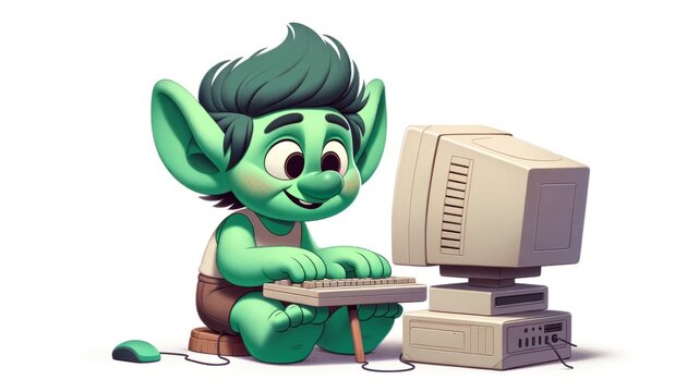 Online troll using a computer - 2D cartoon style illustration against white background