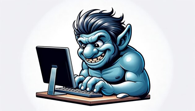 Online troll using a computer - 2D cartoon style illustration against white background