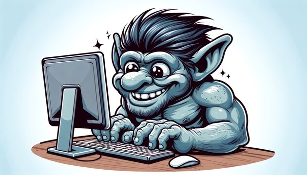 Online troll using a computer - 2D cartoon style illustration against white background