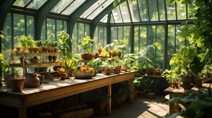 Fototapeta na wymiar Greenhouse interior with a variety of plant, gardening cultivation