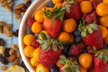 Close-up top view of a bowl of healthy fruit