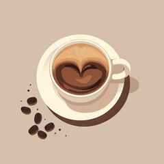 Coffee cup with coffee beans on beige background. Coffee break. Simple minimalistic flat design for print, banner, sticker, menu. Coffee house, shop, cafe concept