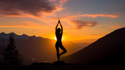 yoga, silhouette of a girl doing yoga in front of sunset, mindfulness, meditation, fitness day, health awareness