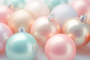 Pastel pink background with Christmas decorations. The concept of the winter holidays,  Xmas and New Year. Bright pastel rainbow colors.