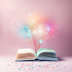 Colorful books with sprinkles and fireworks. Books as a gift. Pastel rainbow colors. The concept of Christmas and New Year book sales, book fairs, poetry and good novels. - obrazy, fototapety, plakaty