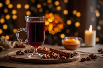 Mulled wine in a clear mug on a wooden plate with spices, cinnamon, star anise, and a lit candle, with bokeh lights in the background.