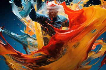 A man in a colorful swirl of paint.