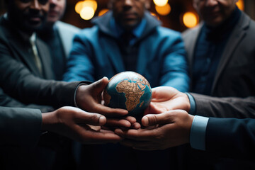 A globe surrounded by hands in a show of unity and global cooperation. Generative Ai.