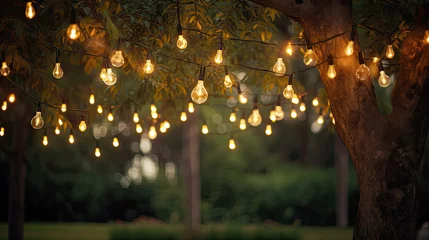 Fotobehang Decorative outdoor string lights hanging on tree in the garden at night time © Ziyan