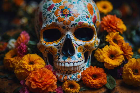 Decorated sugar skull surrounded by colorful flowers, symbolizing Dia de los Muertos.