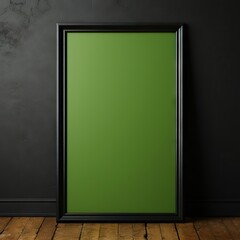 A plain green screen in a picture frame against a black wall