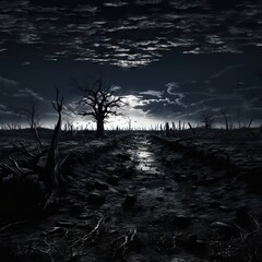  A pure black and white empty world that spans as far as the eye can see with only a single dead tree