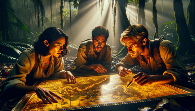 A team of explorers searching a map for treasure