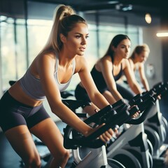 Fototapeta premium Caucasian woman and her friends on fitness bike in gym