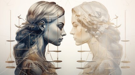 Two female faces in a symmetrical composition with a libra and gold decorations. - obrazy, fototapety, plakaty