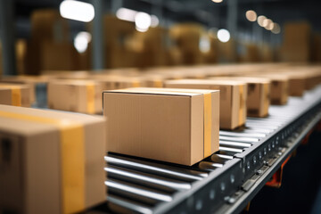 A closeup image showcases multiple cardboard box packages seamlessly progressing along a conveyor belt within a warehouse fulfillment center. Generative Ai. - obrazy, fototapety, plakaty