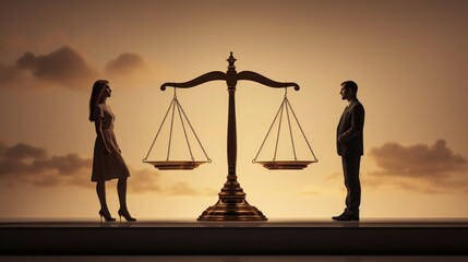 Symbol of equality: man and woman face each other on the scales of justice. - obrazy, fototapety, plakaty