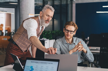 Senior manager explaining business strategy to colleague using laptop
