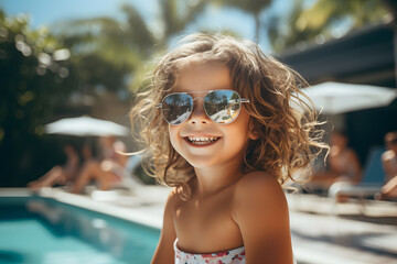 Portrait of little girl wearing swimsuit and sunglasses