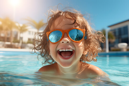 Portrait of little boy wearing sunglasses in the pool