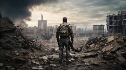 Soldier from behind with rifle in hand looks at the bombed city. War, war time.