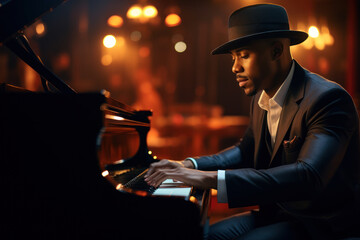 A talented musician plays a soulful melody on a grand piano in a dimly lit jazz club, captivating the audience with music. Jazz piano performance. Generative Ai.