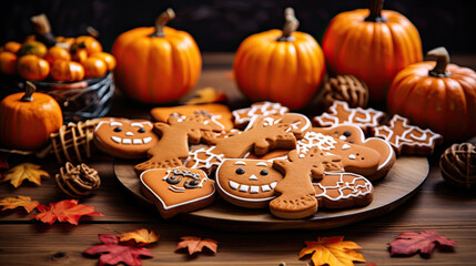 Homemade halloween holiday treats for kids. Gingerbread cookies on wooden board, decorated with pumpkins and autumn leaves. Cozy fall home atmosphere
