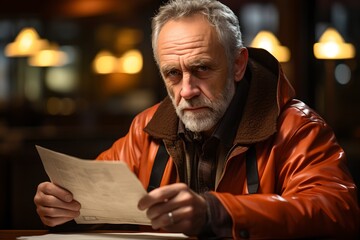 An elderly man reads a document