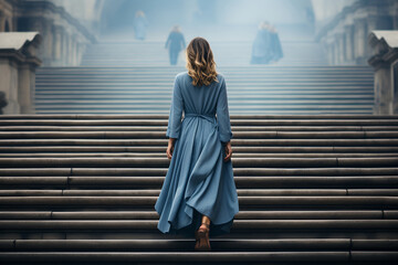 Young woman in a blue dress walks up the stairs
