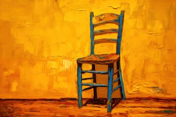 An oil painting of a chair in a room in a post impressionist style similar to that of Vincent Van Gogh, featuring bright yellow, blue and green