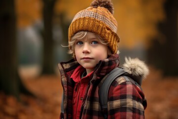 Cute little boy in warm hat and coat in autumn forest.