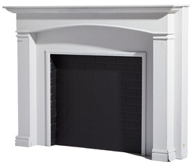 A white fireplace with black insert against a white cutout background