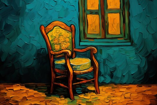 Post Impressionist style oil painting of a chair in a room in a post impressionist style similar to that of featuring bright yellow, blue and green