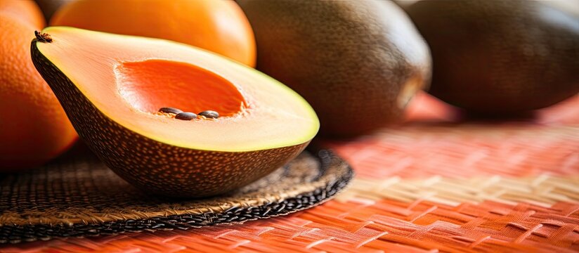 A vibrant table mat showcases a whole and sliced mamey sapote fruit in a closeup view