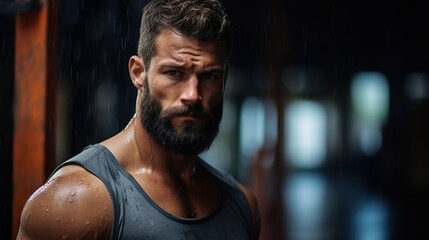 Obraz premium handsome man with a beard , showing intense sweat and courage, dedication , from gym workout, frowning and looking downward