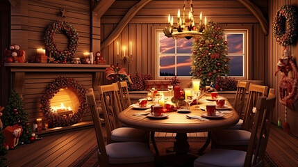 Interior design of warm dinning room interior with christmas table, wooden console, christmas...