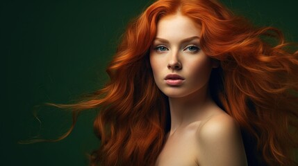 Naklejka premium hyper realism, shooting, professional model on the back, hair photo, long red hair, green background.