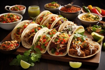 Variety of Tacos on Wooden Cutting Board with Salsa and Toppings - obrazy, fototapety, plakaty