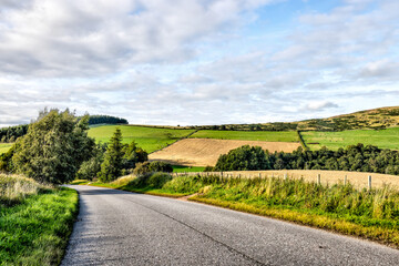 Dufftown Region, Scotland - September 23, 2023: Building exteriors and landscapes around The Glenlivet Whiskey Distillery in the region around Dufftown in Scotland
