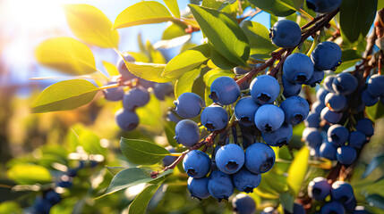Ripe blueberries on the branches of a bush in the garden