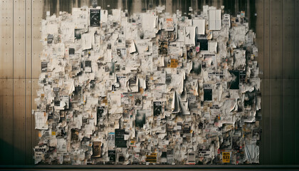Collage of ripped and torn white posters overlapping on an urban wall, offering a creased texture in the style of advertising posters and propaganda