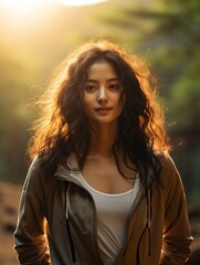 Young Korean female entrepreneur, morning workout, vigorous yoga stretching, after exercise, facing camera, in mountain forest, sunset, full-frame camera, analog film, high contrast post processing 