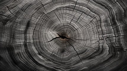 Close-up of warm gray cut wood texture in black and white, showcasing detailed age rings and natural grain of a tree stump - obrazy, fototapety, plakaty