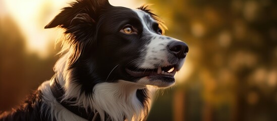 A sunset styled park portrait showcasing the breathtaking charm of a stunning black and white canine