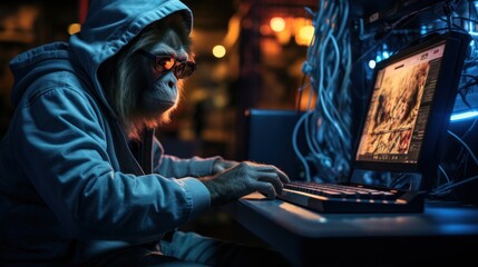 Monkey using computer, hacking cyber security data base on internet